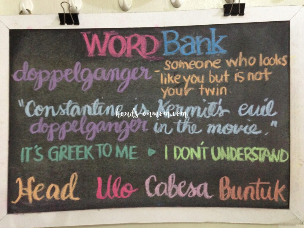 Word Bank a visual board with vocabulary english words, idioms, tagalog, chabacano and kapampangan translations